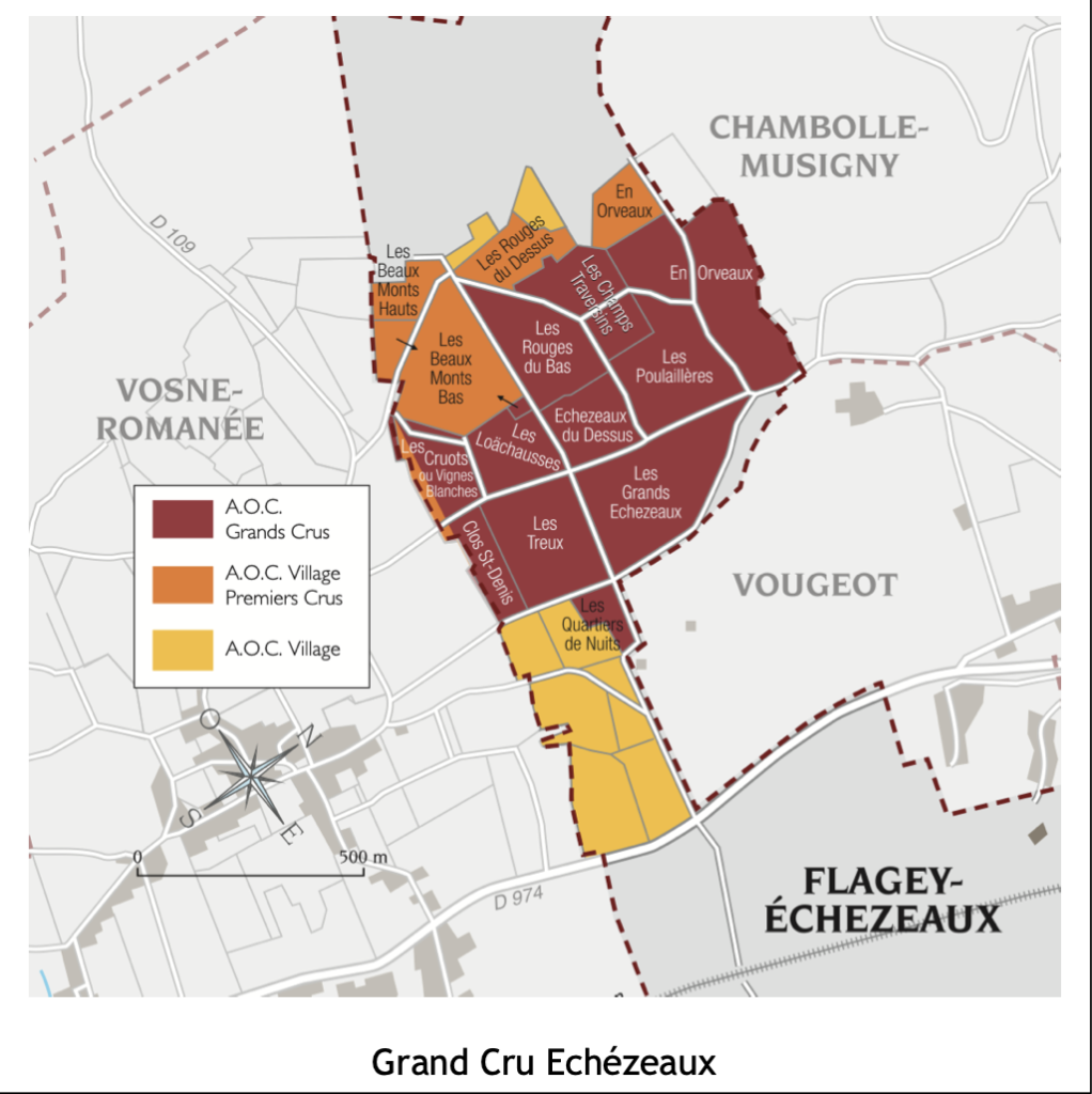 Carte officielle du vignoble de Flagey Echézeaux. Détail parcelles et classement des crus. Wine Rose