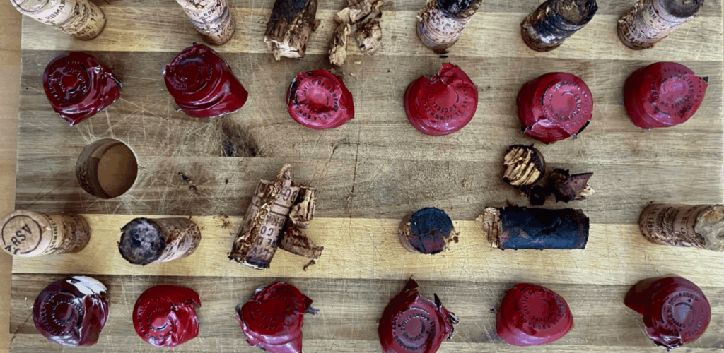 Une collection de bouchons de vin anciens, certains brisés ou moisis, et de capsules de cire rouge disposés sur une planche en bois, illustrant l'histoire et l'évolution des vins dégustés.