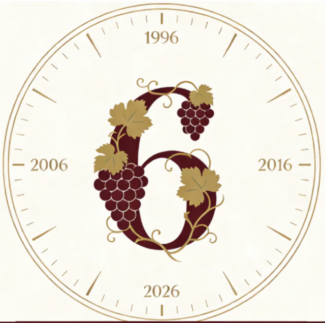 Illustration d'un grand « 6 » décoré de grappes de raisin, symbolisant une soirée de dégustation de millésimes se terminant par 6 à Lavaux.