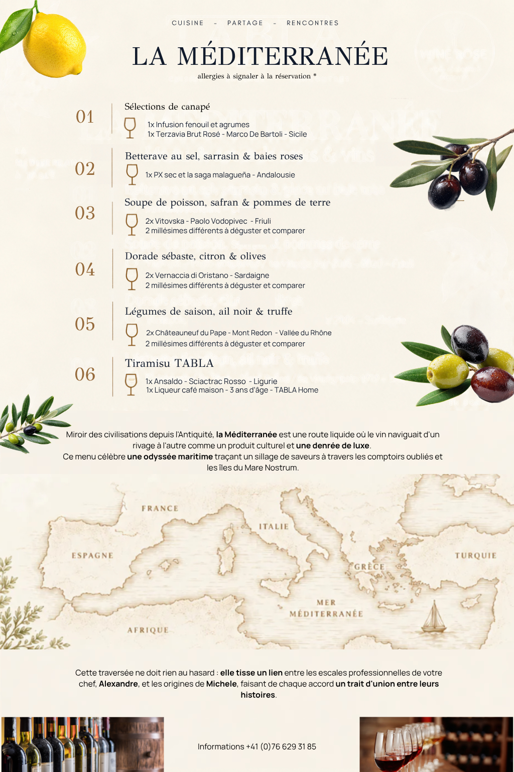Infographie du menu gastronomique La Méditerranée présentant six étapes d'accords mets et vins fins avec une carte illustrée des comptoirs maritimes.